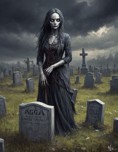 a woman with long hair and makeup standing in front of graves on a cloudy day