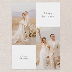 a couple holding hands and posing for a photo with the words happy holidays written on it