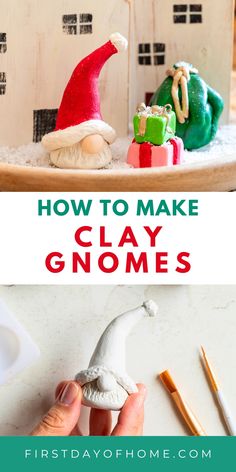 Unfinished clay gnome and painted Santa gnome with stacked presents and gift bag. Text overlay reads "How to Make Clay Gnomes". Gnome Tutorial, Santa Gnome, Diy Gnomes, Dry Clay, Christmas Craft, Air Dry Clay, Step Guide, Air Dry, Fun Crafts