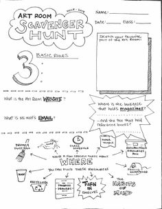 the art room scavenger hunt is shown in this hand drawn sketch, which shows how