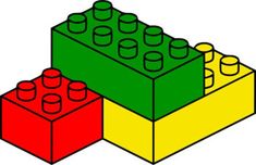 three lego blocks are shown in different colors and shapes, one is yellow, the other is red