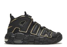 Air More Uptempo GS 'Black Metallic Gold Star' - Nike - DD3038 001 - black/white/metallic gold star | Flight Club Black And Gold Shoes, Nike Air Uptempo, Drawstring Jeans, Nike Air More Uptempo, Nike Air More, Stadium Goods, Gold Shoes, Nike Kids, Sneakers Men Fashion