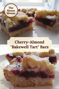 Squares of Cherry-Almond "Bakewell Tart" Bars on a white plate. Cherry Jam Dessert, Dessert With Almond Paste, Almond Cherry Bars, Cherry Jam Cookies, Recipes Using Almond Paste Desserts, Almond Paste Bars, Cherry Almond Tart, Almond Paste Recipes Desserts, Almond Bars With Almond Paste