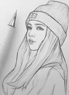 a drawing of a girl with long hair wearing a beanie and looking at the camera