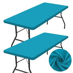 two tables with blue covers on each side