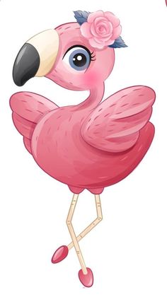 a pink flamingo with a flower on it's head standing in front of a white background