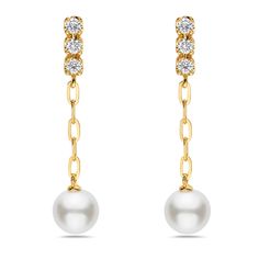 Delicate in design, these stunning drop earrings from Bassali will add shimmer and sparkle to your look. Meticulously hand-set in 14k yellow gold, these earrings boast luminous freshwater cultured pearls that drop from diamond-adorned tops. The diamonds are 1/6ctw, I or better in color, and I2 or better in clarity. These earrings measure 25mm in length. Elegant Yellow Gold Drop Diamond Earrings, Yellow Gold Diamond Earrings With Pearl Drop, Formal Yellow Gold Diamond Earrings With Pearl Drop, Gold Diamond Pearl Earrings With Prong Setting, Gold Pearl Earrings With Prong Setting, Elegant Yellow Gold Linear Earrings With Prong Setting, Elegant Yellow Gold Dangle Bridal Earrings, Yellow Gold Diamond Pearl Earrings Fine Jewelry, Yellow Gold Dangle Earrings With Akoya Pearl