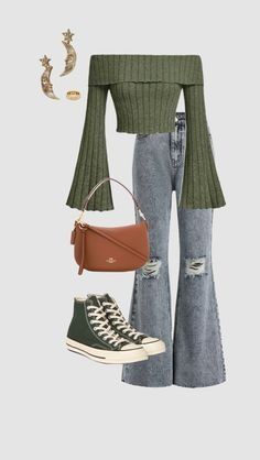 a woman wearing green sweater and ripped jeans with converse sneakers, handbag and purse