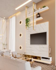 a modern living room with white furniture and gold accents