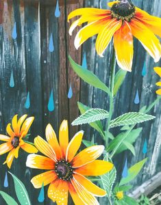 an image of flowers in the rain with water drops on it's leaves and wood fence