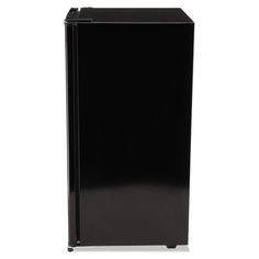 a black refrigerator freezer sitting on top of a white floor next to a wall