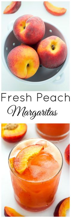 peaches are being sliced and placed in a glass with ice cubes on the side