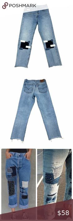 Levis 501 Patchwork Jeans Women 27 Blue Light Wash Upcycled Button Fly Ankle Wedgie Jeans, Jeans Patchwork, Patchwork Jeans, Jeans Women, Levis 501, High Jeans, Cropped Jeans, Blue Light, Levi's