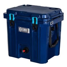 a large blue cooler sitting on top of a white background