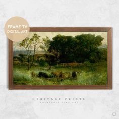 an image of a painting with animals in the grass and trees behind it that reads frame tv digital art heritage prints