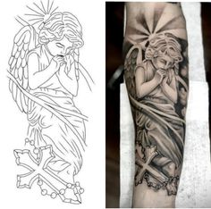 an angel tattoo on the left arm and in the right hand, next to a photo of