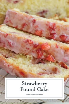 strawberry pound cake on a cooling rack with text overlay