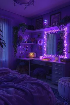 a bedroom with purple lighting and plants in the corner