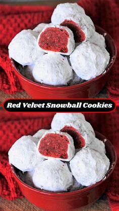 two bowls filled with red velvet snowball cookies