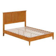 a wooden bed frame with no mattress on it