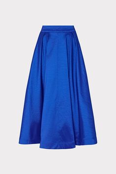 Cut from a bright blue, luxurious and crisp taffeta fabric, this voluminously full skirt falls to a modest, midi length. It has two side pockets and a zipper in the back to close. For the full look, pair it with its coordinated Laney Bow Crop Top. Elegant Blue Gathered Maxi Skirt, Chic Blue A-line Maxi Skirt, Blue Gathered Full Maxi Skirt, Blue Gathered Midi-length Maxi Skirt, Blue Midi Length Gathered Maxi Skirt, Blue Relaxed Maxi Skirt For Formal Occasions, Blue Relaxed Fit Maxi Skirt For Formal Occasions, Formal Blue Relaxed Fit Maxi Skirt, Elegant Blue Voluminous Skirt