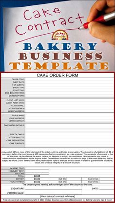 a cake order form is shown in red, white and blue with the words bakery business template