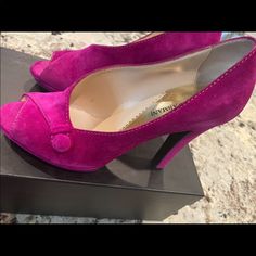 Fushia Sued Heels Fushia Heels, Hot Pink Kitten Heels, Hot Pink Suede Heels, Pink Slip-on Heels Made Of Synthetic Material, Armani Shoes, Hot Pink Heels, Shoes Pink, Pink Heels, Emporio Armani