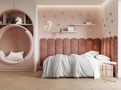 a bedroom with pink walls and white bedding, an arched bookcase is next to the bed