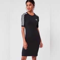 Adidas 3 Stripes Dress 95% Cotton 5% Spandex Sporty Short Sleeve Stretch Dress, Sporty Stretch Short Sleeve Dresses, Sporty Stretch Dress With Short Sleeves, Sporty Short Sleeve Fitted Dress, Black Elastane Midi Dress For Spring, Black Short Sleeve Elastane Bodycon Dress, Black Short Sleeve Bodycon Dress In Elastane, Casual Black Elastane Midi Dress, Casual Black Midi Dress In Elastane