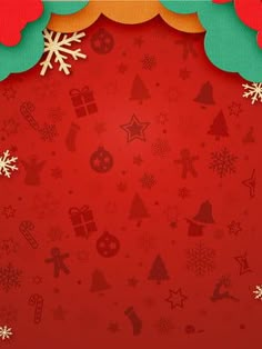 a red background with snowflakes and christmas decorations on it's edges, as well as an ornament over the top