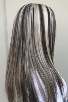 Diagonal Slice Highlights, Blind Highlights On Dark Hair, Dark Brown Hair With Peekaboos Blonde, Black And Blonde Hair Highlights, Skunk Hair Ideas, Feathering Haircut, Black Highlights On Blonde Hair, Black Lowlights In Blonde Hair, Black Highlights In Blonde Hair