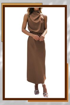 a woman is wearing a brown dress and shoes with her hand on her hip,