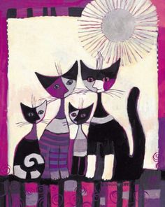 three cats are sitting together in front of a sun on a purple and white background