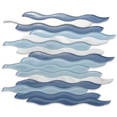 blue and white wavy glass tiles on a white background, set of five pieces in varying sizes