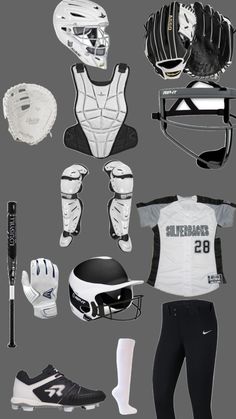 an assortment of sports equipment including baseball gloves, catchers mitts and gloves on a gray background