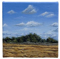 a painting of a field with trees and clouds in the sky above it is an acrylic effect