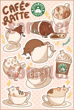 coffee and cats stickers are shown in this cartoon character poster, with the caption cafe ratte