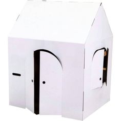 a white cardboard house with two doors open