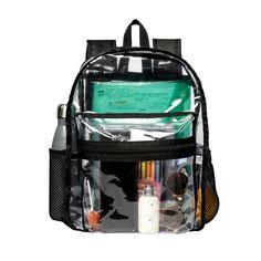 "Introducing the Ultimate Clear PVC Vinyl Backpack:  Your Stylish Companion for School, Travel, and Beyond! Crafted for the modern multitasker, this sleek backpack combines fashion with function. Seamlessly transition from campus to travel adventures, and even sporting events, all while breezing through security checkpoints effortlessly. Designed with your safety in mind, its transparent body enhances school security measures. Engineered for endurance, the reinforced stitching guarantees unmatched durability, ensuring your belongings remain secure. Elevate your style and security game with this versatile clear PVC vinyl backpack - where convenience meets confidence! Description: Fabric: 100% Clear Vinyl PVC Features: Front Zippered Pocket Zippered Large Compartment Padded adjustable should Clear Lunch Bag, Transparent Backpack, Bottle Drink, Clear Backpack, Nurse Bag, Pvc Vinyl, Clear Vinyl, Book Bag, Backpack Purse