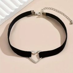 Alloy Punk-Style Black Wide Rope Choker Necklace With Heart Pendant Sexy, Durable & Versatile Fashion Accessory For Daily And Vacation!!!! Trendy Adjustable Heart Necklace For Party, Adjustable Trendy Heart Necklace For Party, Trendy Party Heart Choker Necklace, Trendy Heart Charm Choker For Party, Trendy Party Choker With Heart Charm, Trendy Party Choker With Heart Pendant, Trendy Heart Shaped Metal Choker, Trendy Heart-shaped Metal Choker, Black Metal Heart Necklace For Party