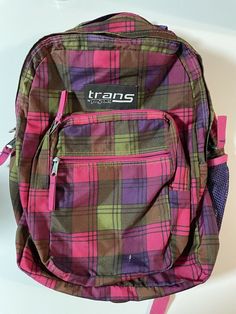 Trans by JanSport Backpack Bag Pink Purple Plaid. Pre-owned. Small tear in front. Purple School Bag, Y2k Backpack, Jansport Backpacks, Dream School, Purple Plaid, Year 11, Jansport Backpack, Backpack Bag, Cute Bags