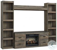 an entertainment center with a fireplace and bookcases in the front, along with a white background