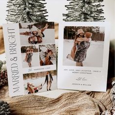 two christmas cards with pictures of people in the snow and trees on top of them