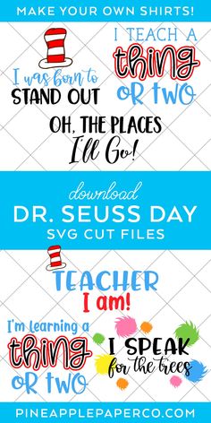 the dr seuss day svg cut file is shown in three different font styles