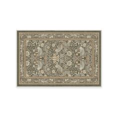 an ornate rug with birds and flowers in grey, beige and tan colors on a white background