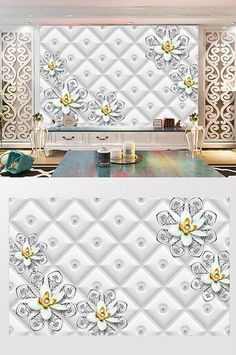 the wall paper is designed to look like flowers and are white with gold accents on it