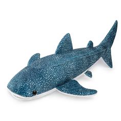 a blue and white toy shark on a white background