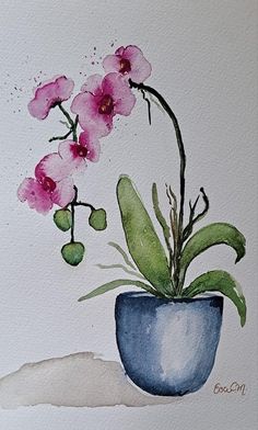 a painting of pink flowers in a blue vase