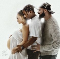 a man and woman standing next to each other in front of a white background with the image of a pregnant couple