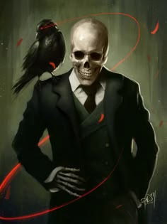 a skeleton in a suit with a crow on his shoulder